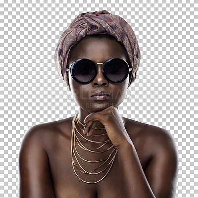 Buy stock photo Portrait, sunglasses or culture with a black woman isolated on transparent background for african tradition. Face, fashion and heritage with a person on PNG for creative style, pride or empowerment