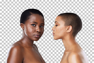 Buy stock photo Skincare, diversity and portrait of women isolated on transparent png background with health, facial care and skin glow. Beauty, serious face and friends together, black woman with natural cosmetics.