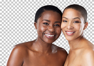 Buy stock photo Skincare, diversity and portrait of women isolated on transparent png background with smile, facial care and skin glow. Beauty, healthy face and friends together, happy woman with natural cosmetics.