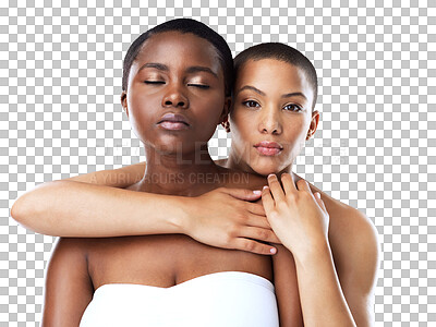 Buy stock photo Hug, beauty or portrait of lesbian couple in lgbtq, queer or gay community with support or skincare. Diversity, makeup cosmetics or gay women with love or pride isolated on transparent png background