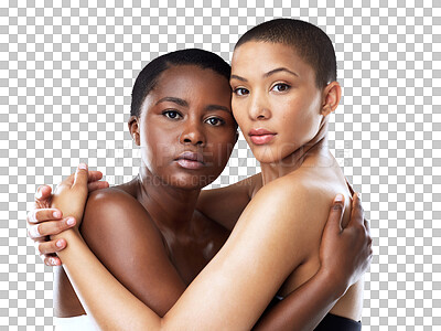 Buy stock photo Isolated African couple, portrait and lesbian love with hug, care and bonding by transparent png background. Women, partner and romance for pride, lgbtq or support with romance, solidarity or embrace