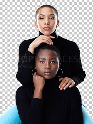 Buy stock photo Fashion, love or portrait of a lesbian couple in lgbtq, queer or gay community with support or confidence. Diversity, women or gen z female people with pride isolated on transparent png background