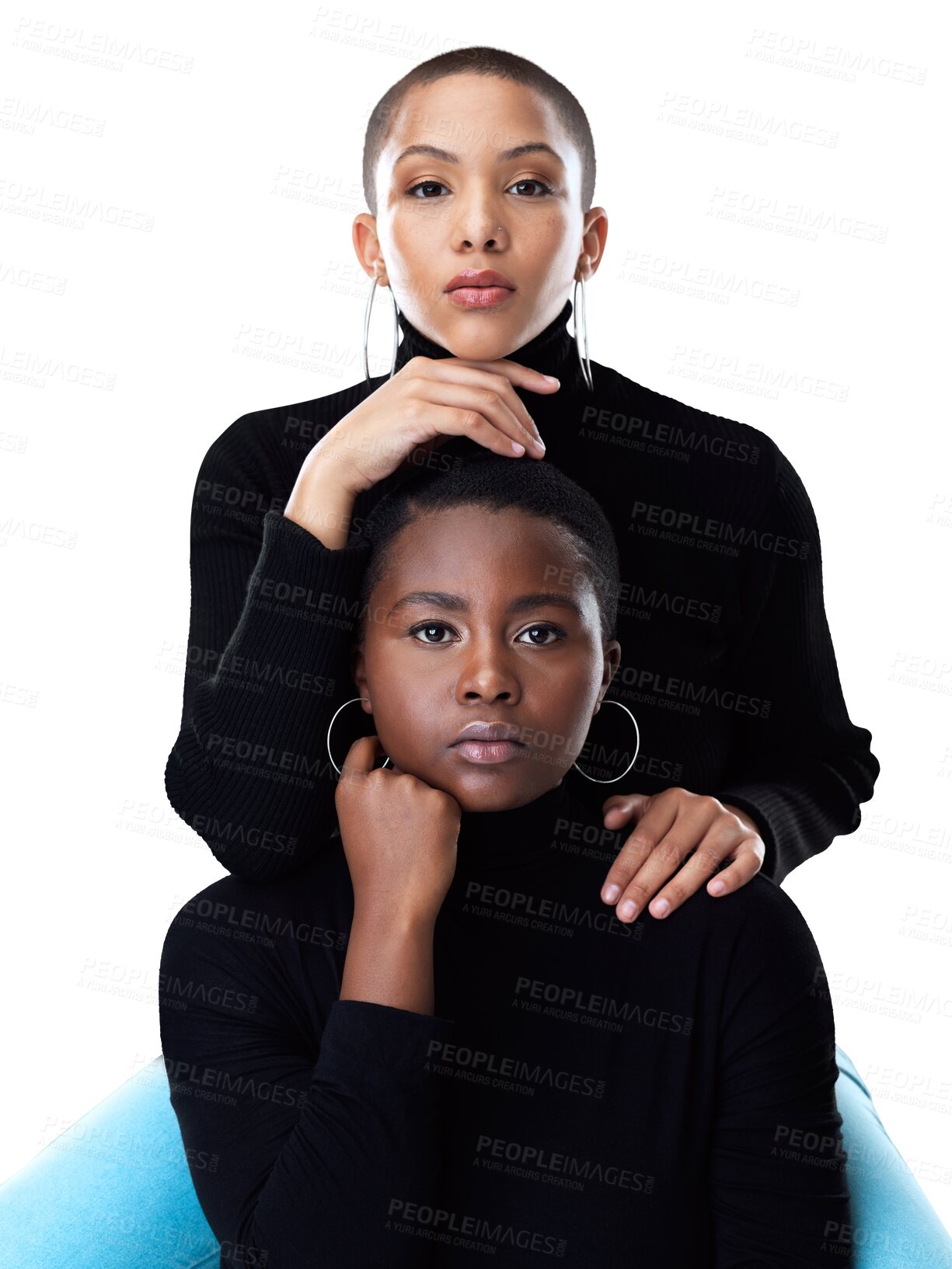 Buy stock photo Fashion, love or portrait of a lesbian couple in lgbtq, queer or gay community with support or confidence. Diversity, women or gen z female people with pride isolated on transparent png background