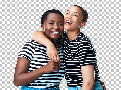 Buy stock photo Happy, hug or portrait of a lesbian couple laughing in lgbtq, queer or gay community for support or love. Diversity, funny women or cool gen z people with pride isolated on transparent png background