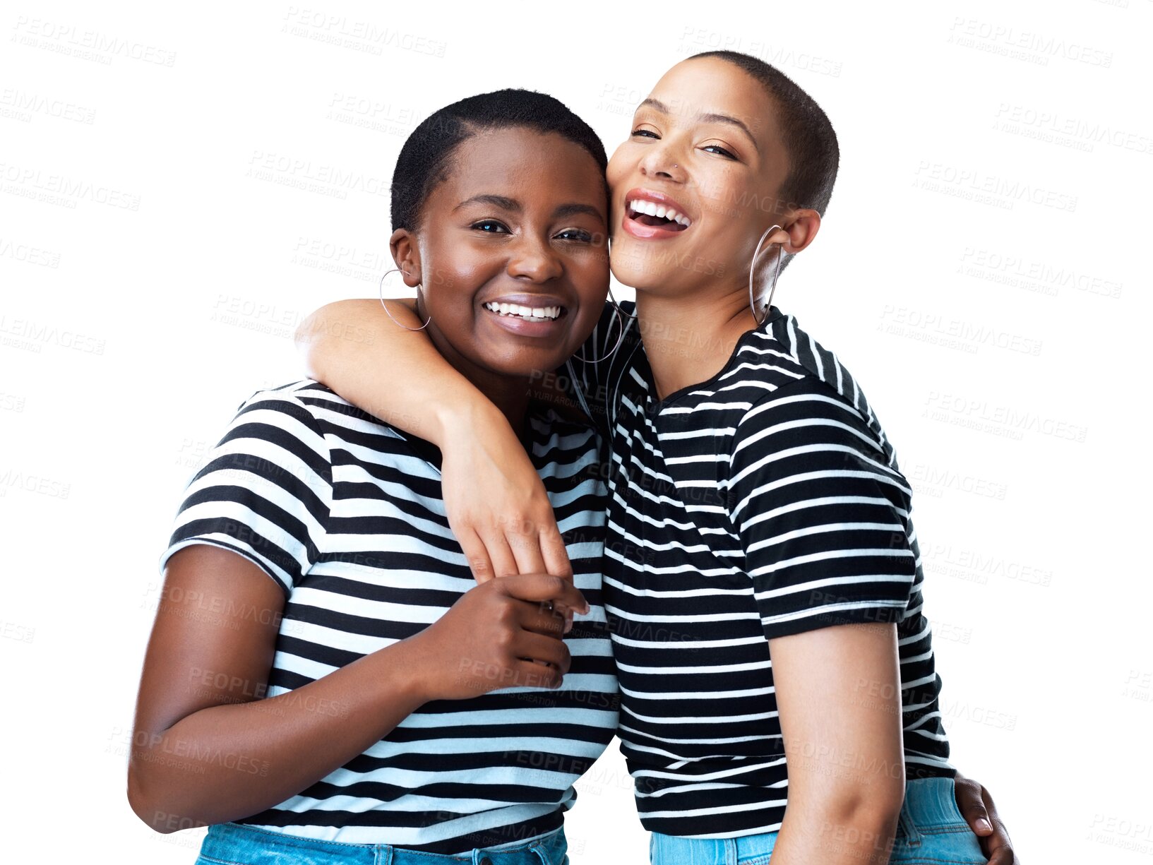 Buy stock photo Happy, hug or portrait of a lesbian couple laughing in lgbtq, queer or gay community for support or love. Diversity, funny women or cool gen z people with pride isolated on transparent png background