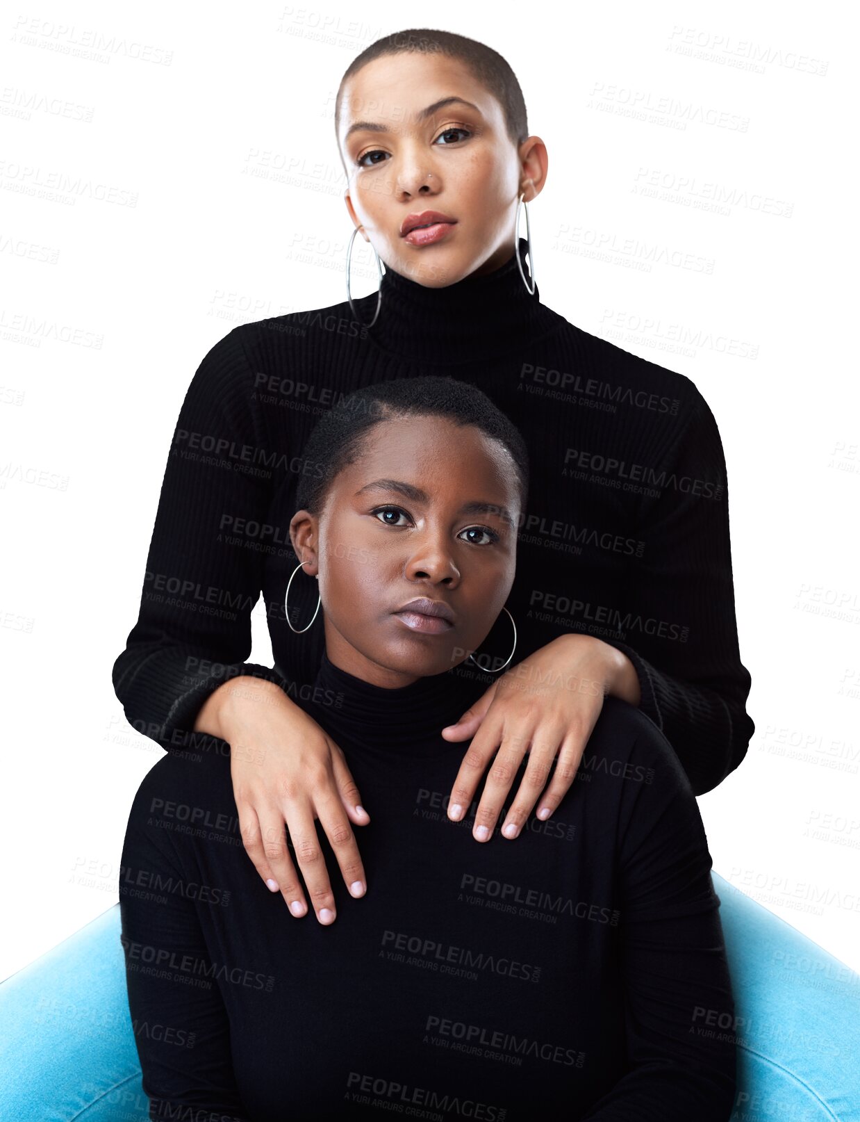 Buy stock photo Fashion, love or portrait of a gay couple in lgbtq, queer or gay community with support or confidence. Diversity, lesbian women or gen z people hug for pride isolated on transparent png background