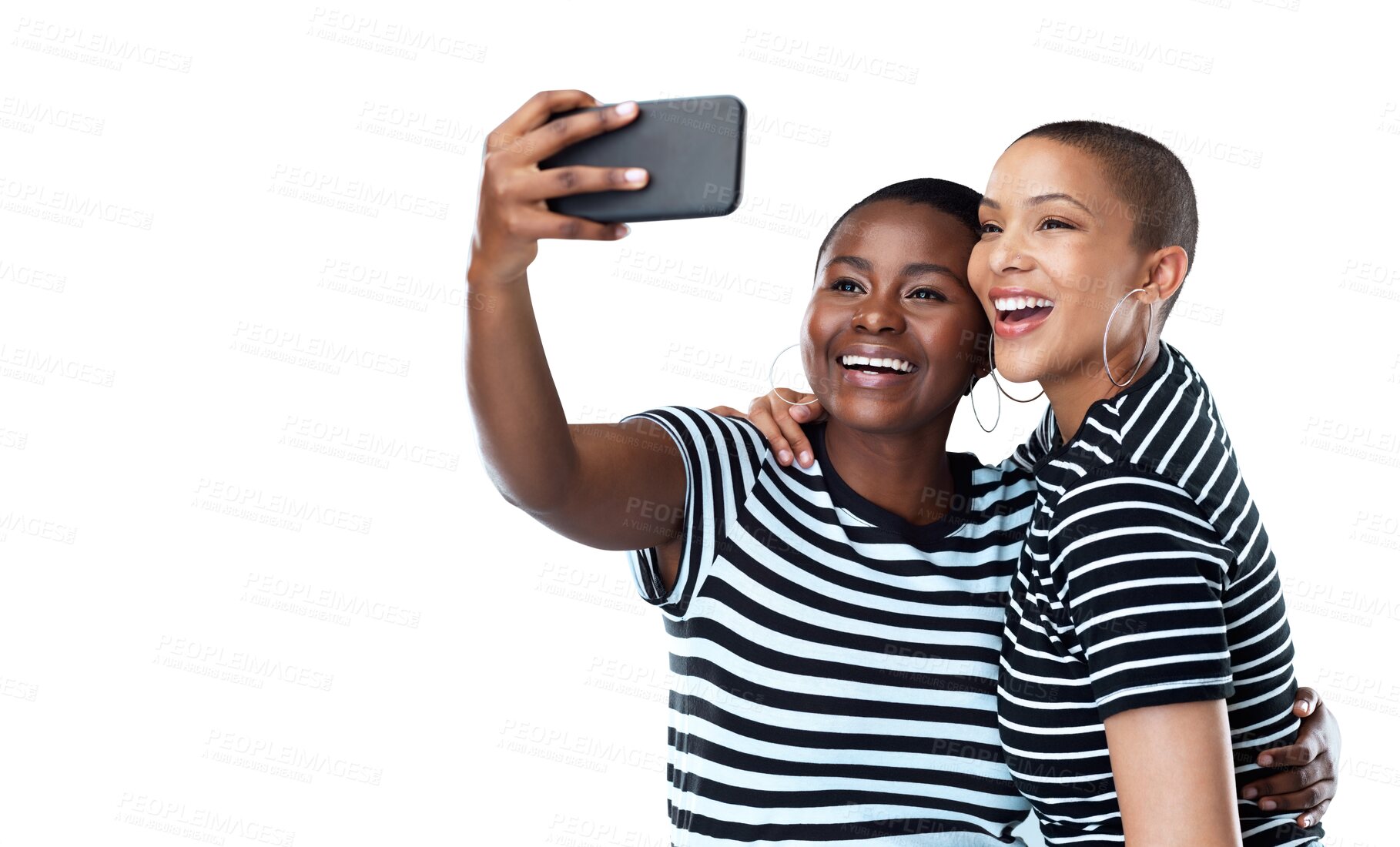 Buy stock photo Isolated African couple, selfie and lesbian love with hug, smile or web blog by transparent png background. Gen z women, girl and partner with photography, memory or profile picture for social media