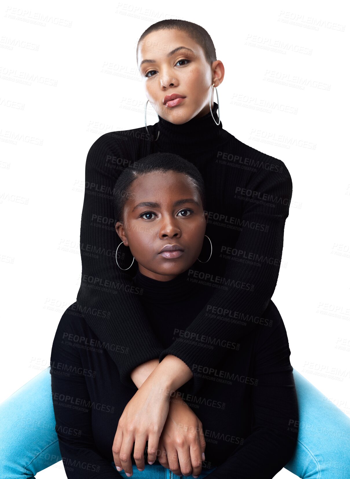 Buy stock photo Fashion, pride or portrait of a lesbian couple in lgbtq, queer or gay community with support or confidence. Diversity, cool women or gen z people hug with love isolated on transparent png background