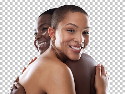 Buy stock photo Skincare or portrait of friends hug for care, love or diversity with support, beauty or trust. Smile, happy women or face of people with pride or bond isolated on transparent png background