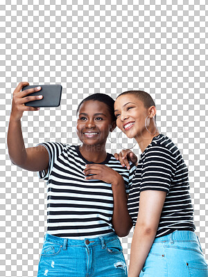 Buy stock photo Social media, happy or girl friends take a selfie for support isolated on transparent png background. Photograph memory, cool fashion or gen z women smile in fun pictures to post online together 