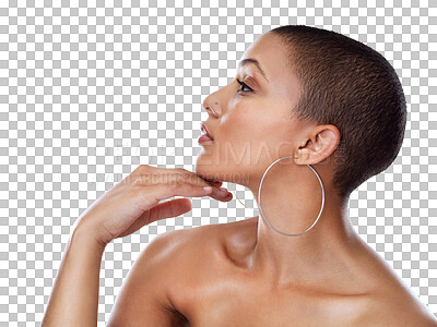 Buy stock photo Isolated woman, profile and beauty with skincare, thinking and hoop earrings by transparent png background. African girl, facial change and vision for wellness, natural glow and jewelry for style