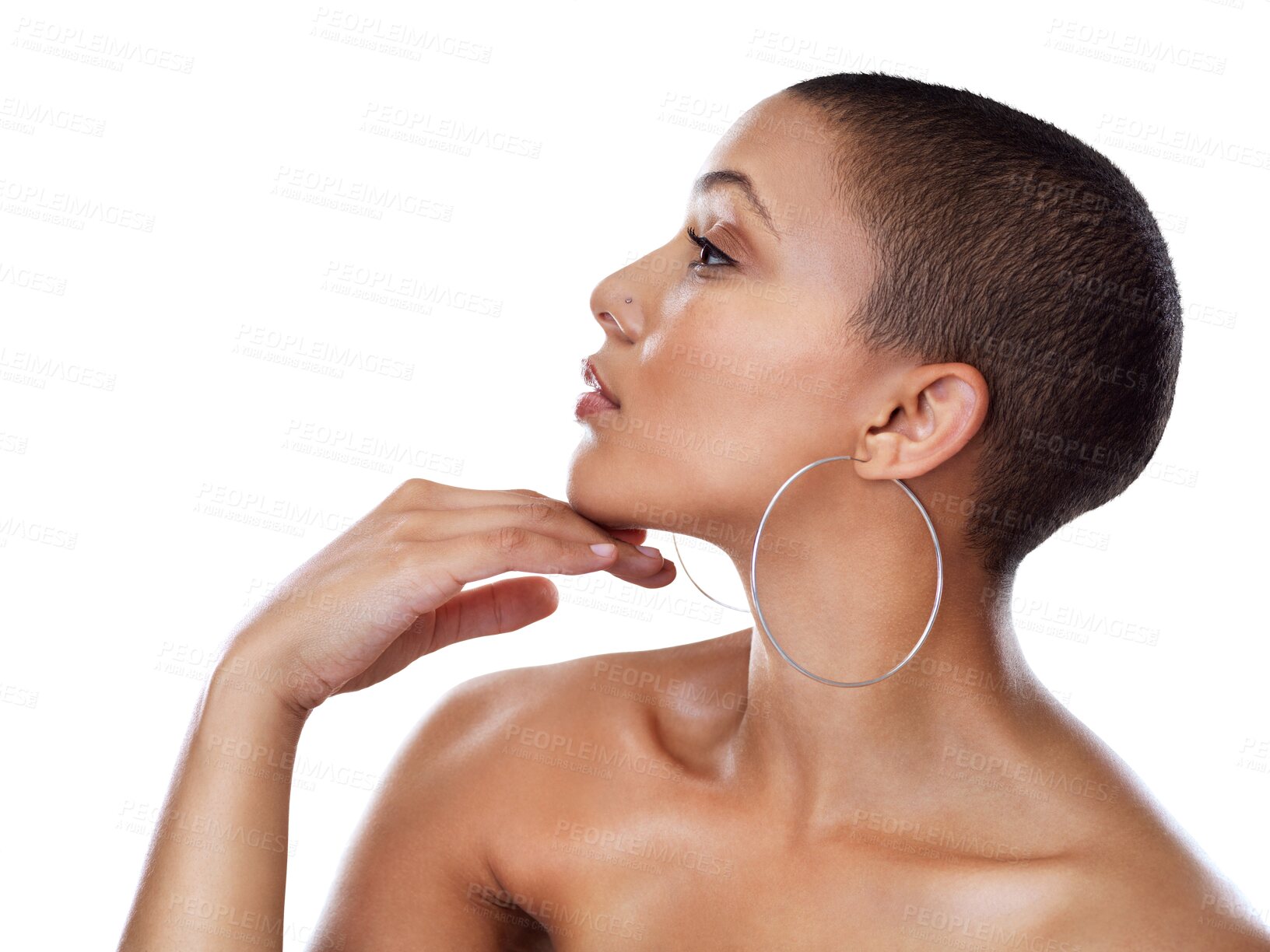 Buy stock photo Isolated woman, profile and beauty with skincare, thinking and hoop earrings by transparent png background. African girl, facial change and vision for wellness, natural glow and jewelry for style