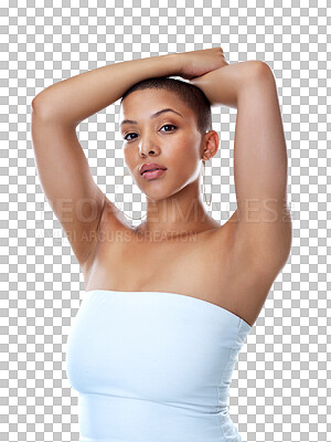 Buy stock photo Woman, portrait and face with makeup in beauty, skincare or cosmetics isolated on a transparent PNG background. Young and attractive female person or model pose with hands on head for salon treatment