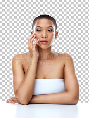 Buy stock photo Portrait, woman and facial beauty for aesthetic glow, cosmetics and dermatology isolated on a transparent png background. Serious model, natural skincare and touch face for healthy collagen results 