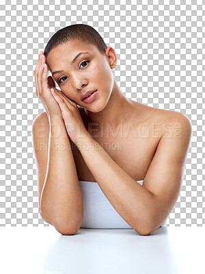 Buy stock photo Woman, portrait and beauty for skincare, confident and hands to touch and isolated on transparent png background. Face, skin and model for cosmetics, natural and confidence for clean aesthetic glow