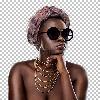 Buy stock photo Thinking, sunglasses or heritage with a black woman isolated on transparent background for african tradition. Face, fashion and culture with a person on PNG for creative style, pride or empowerment