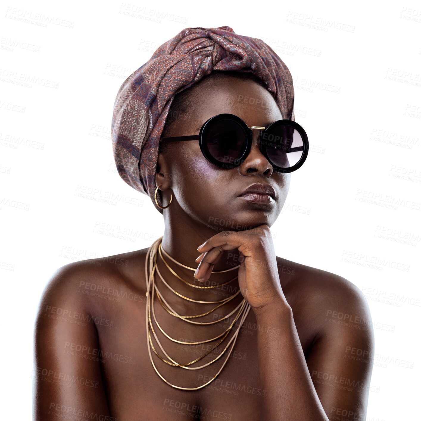 Buy stock photo Thinking, sunglasses or heritage with a black woman isolated on transparent background for african tradition. Face, fashion and culture with a person on PNG for creative style, pride or empowerment