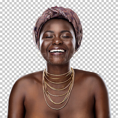 Buy stock photo Fashion, smile or culture with a black woman isolated on a transparent background for african tradition. Face, happy and heritage with a young person on PNG for creative style, pride or empowerment