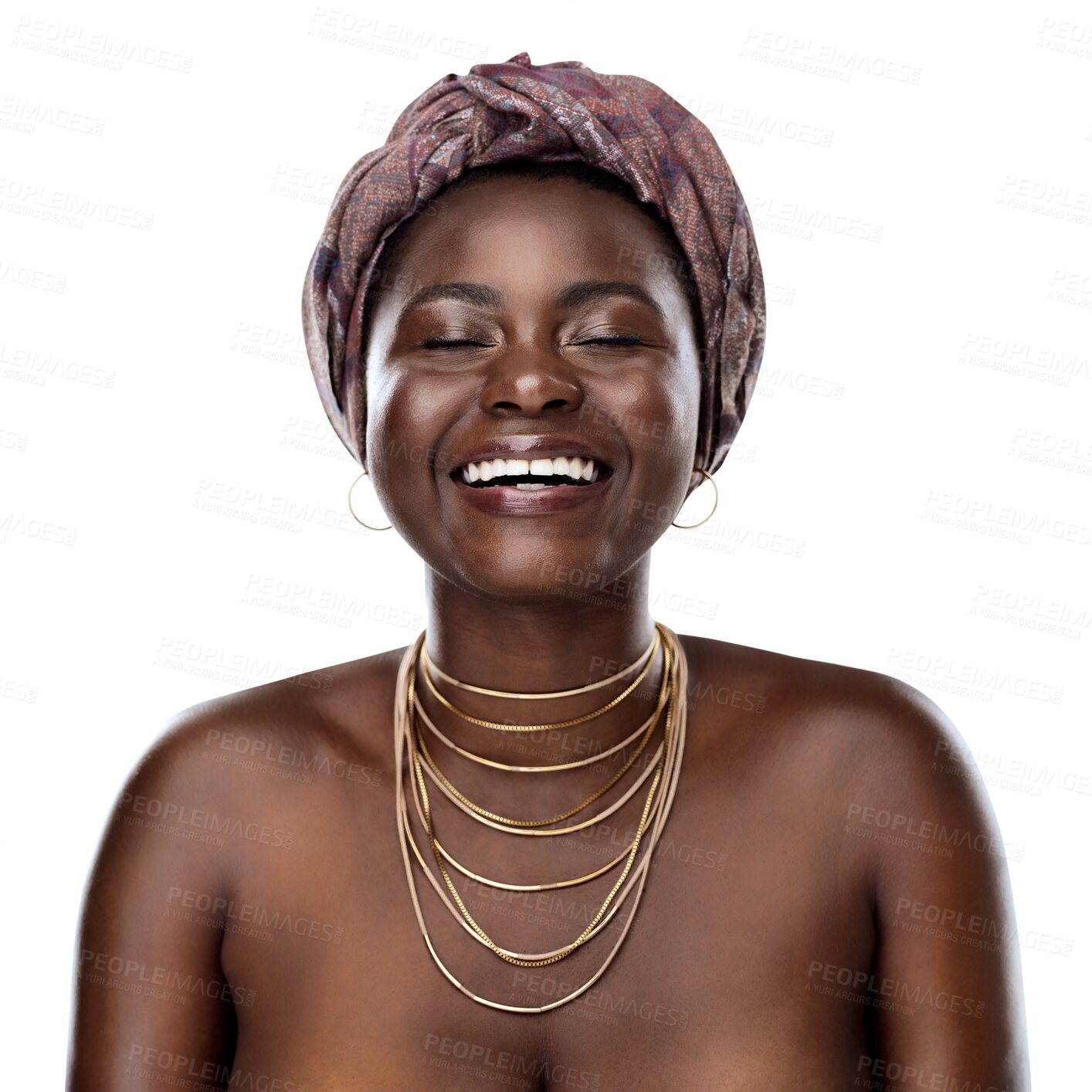 Buy stock photo Fashion, smile or culture with a black woman isolated on a transparent background for african tradition. Face, happy and heritage with a young person on PNG for creative style, pride or empowerment