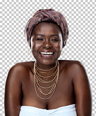 Buy stock photo Portrait, fashion or culture with a black woman isolated on transparent background for african tradition. Face, smile and heritage with a young person on PNG for creative style, pride or empowerment