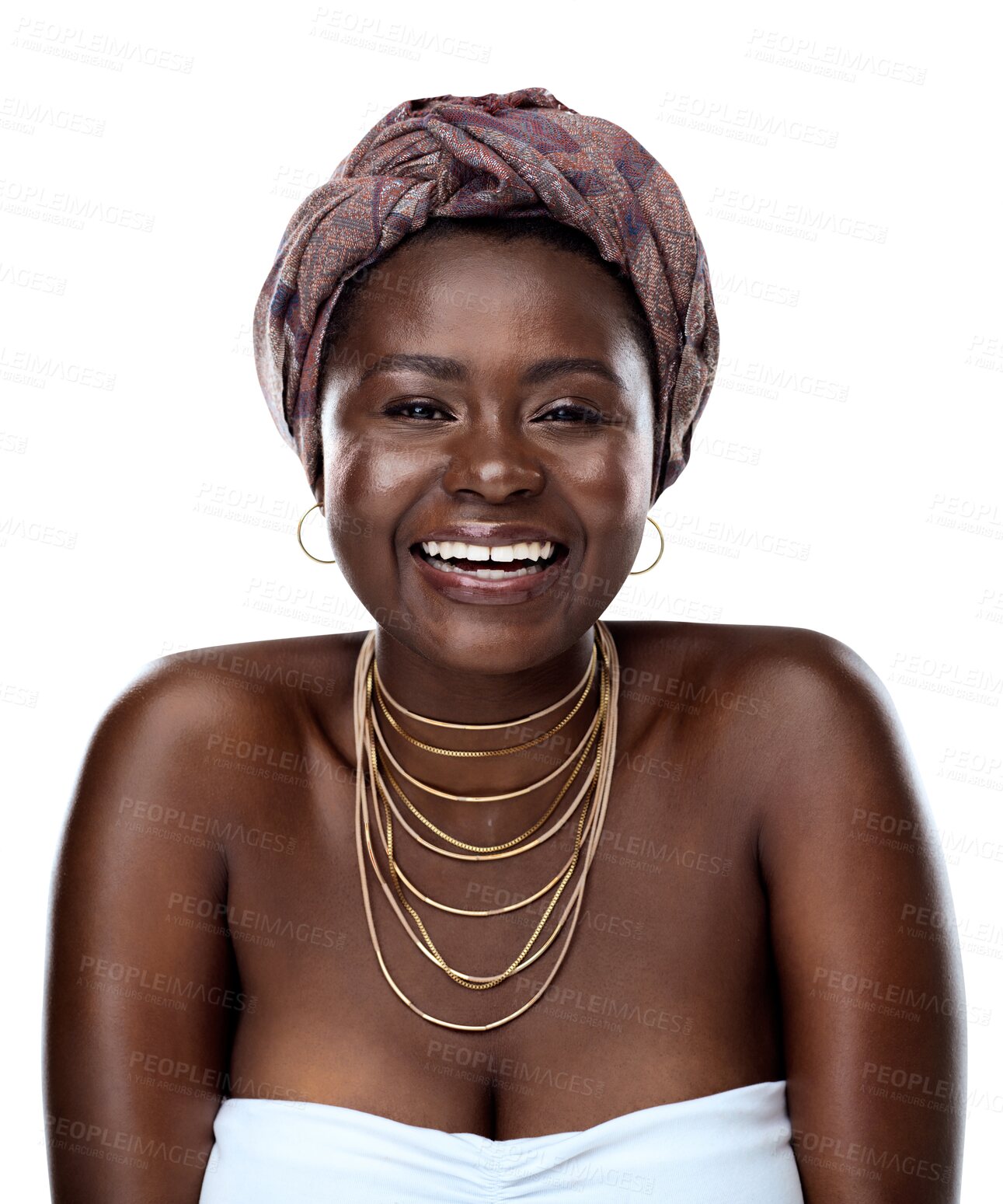 Buy stock photo Portrait, fashion or culture with a black woman isolated on transparent background for african tradition. Face, smile and heritage with a young person on PNG for creative style, pride or empowerment