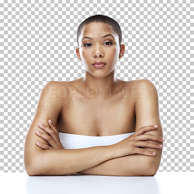 Buy stock photo Woman, portrait and arms crossed for skincare, confident and hands for pose and isolated on transparent png background. Face, skin and model for cosmetics, natural and confidence for clean aesthetic