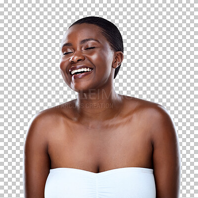 Buy stock photo Laughing, skincare and happy black woman with beauty, glow and natural cosmetics on isolated, transparent or png background. Self care, face and African model with luxury, wellness or dermatology