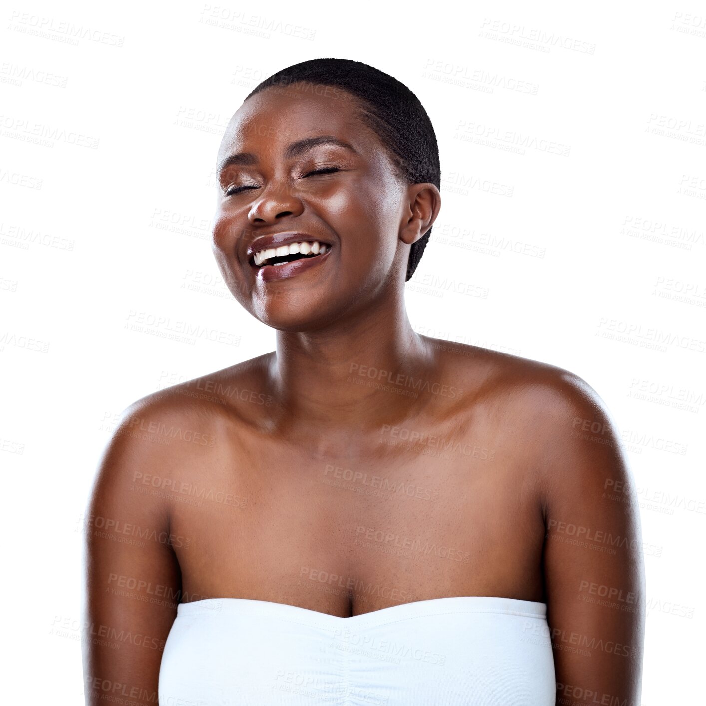 Buy stock photo Laughing, skincare and happy black woman with beauty, glow and natural cosmetics on isolated, transparent or png background. Self care, face and African model with luxury, wellness or dermatology