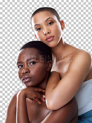 Buy stock photo Diversity, support or friends hug with makeup or skincare isolated on transparent png background. People, model or face of women posing for beauty inclusion, body positivity or love to relax together