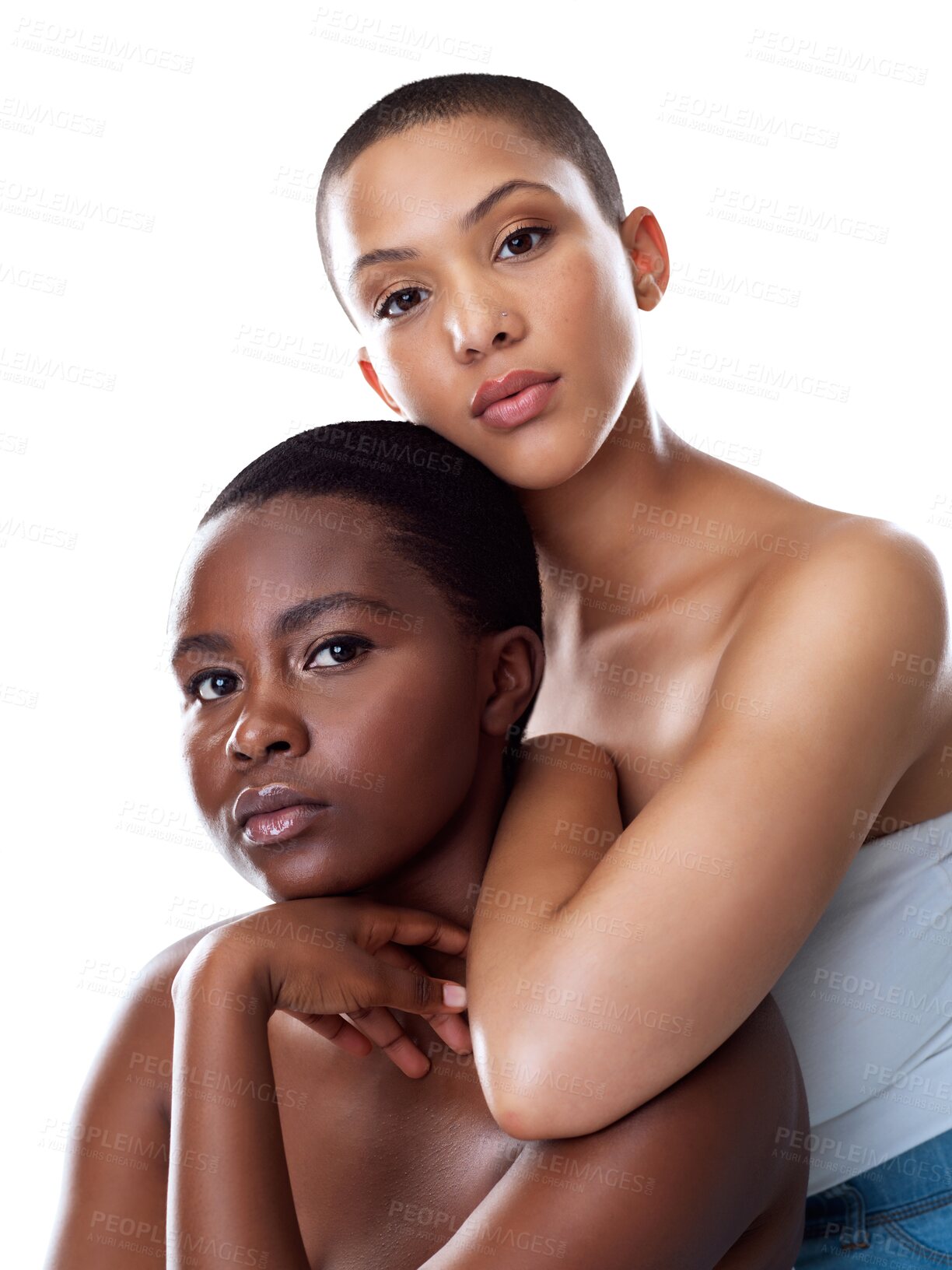 Buy stock photo Diversity, support or friends hug with makeup or skincare isolated on transparent png background. People, model or face of women posing for beauty inclusion, body positivity or love to relax together