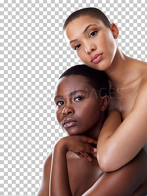 Buy stock photo Diversity, support or portrait of friends with makeup or skincare isolated on transparent png background. People, glow or face of model women posing for inclusion, beauty or love to relax together