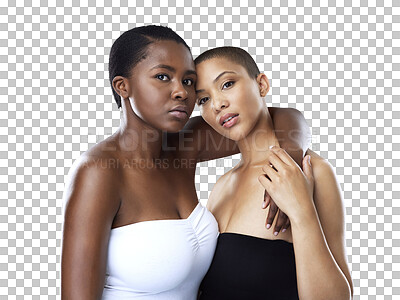 Buy stock photo Isolated African women, portrait and lesbian love with hug, care and bonding by transparent png background. Couple, partner and romance for pride, lgbtq or support with trust, solidarity or embrace