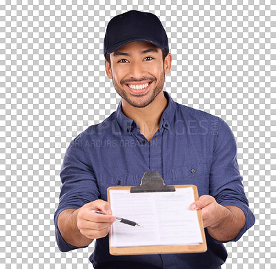 Delivery, signature and portrait of Asian man with paperwork isolated on a studio background. Happy, showing and courier asking to sign a document for approval of a service, import or package