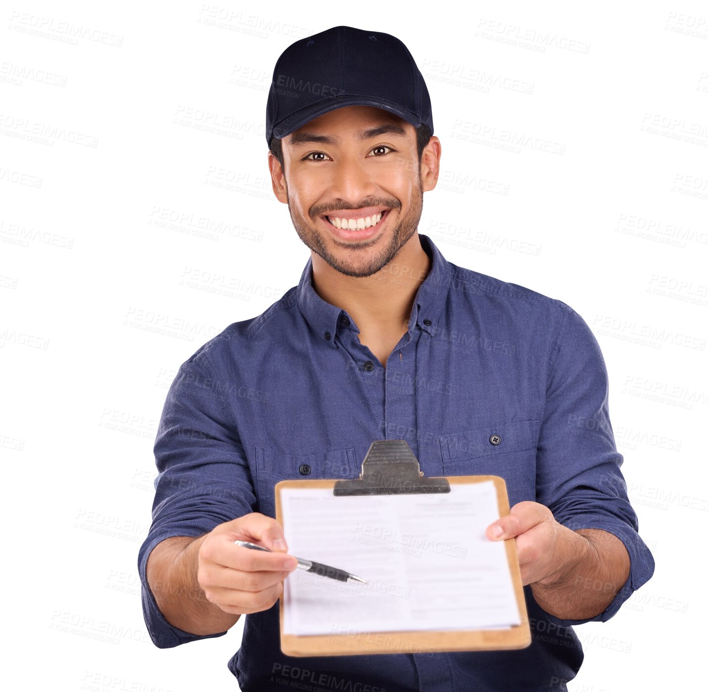 Buy stock photo Delivery man, checklist documents and signature for agreement, invoice or distribution paperwork. Portrait of Asian worker with clipboard for commerce courier isolated on transparent, png background