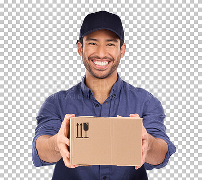 Portrait, man and courier with box, happiness and shipping with logistics against blue studio background. Face, male employee and delivery person with package, parcel and mail distribution service