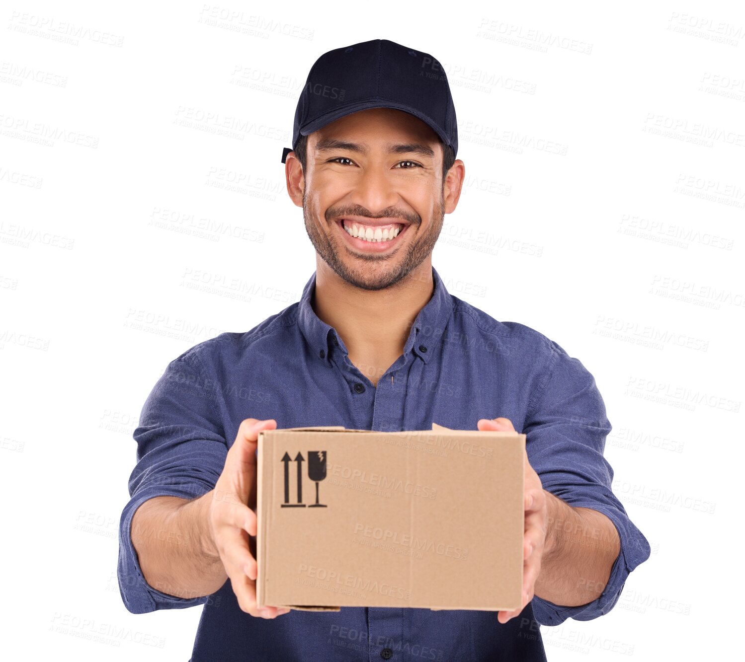 Buy stock photo Delivery man, box and courier service for logistics, stock and retail supply chain or shipping in portrait. Asian worker giving package or mail to POV customer isolated on transparent PNG background