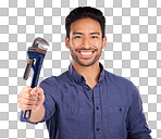 Man, smile and portrait with tools or wrench for handyman, maintenance or repair work in studio. Happy asian model person on purple background show spanner for engineer, mechanic or technician job