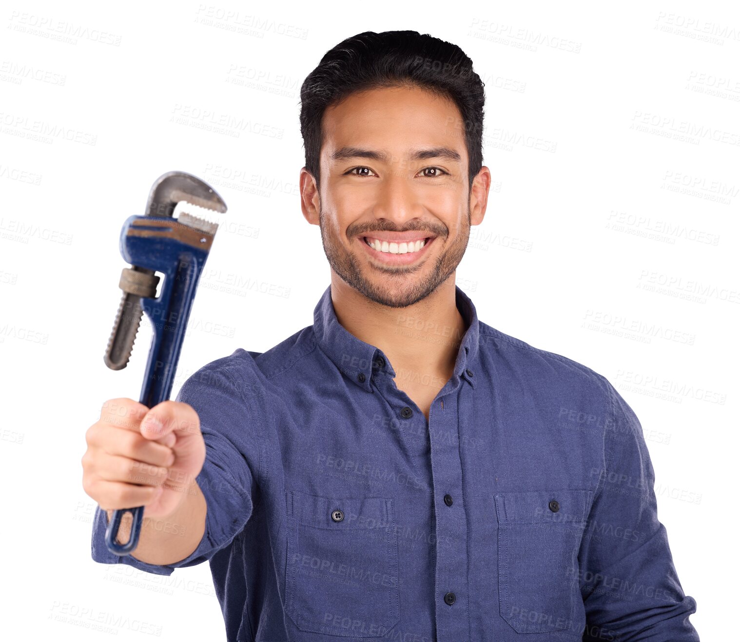 Buy stock photo Portrait, wrench or handyman with smile, tools and promotion isolated on transparent background. Face, person or model with equipment, repair or maintenance with png, spanner or engineer with plumber