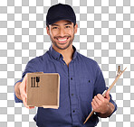 Portrait of delivery man giving box isolated on studio background for courier services, clipboard and smile. Asian worker, business or logistics person package in Korea distribution and product offer