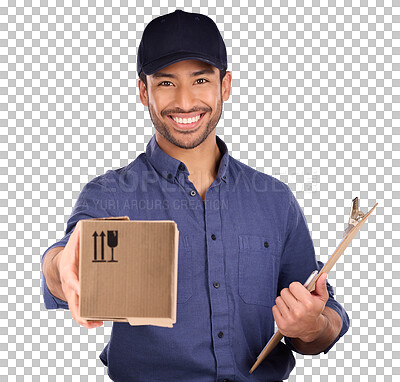 Buy stock photo Delivery man, giving box and checklist for courier service, logistics and retail distribution in portrait. Asian worker, customer POV with stock, package and clipboard on transparent, png background