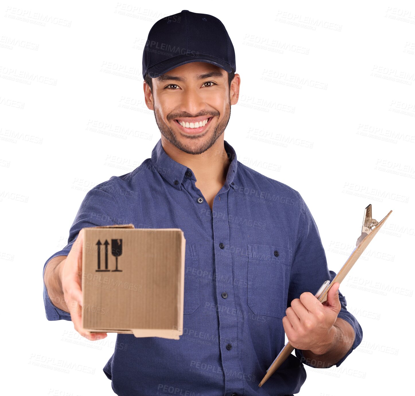 Buy stock photo Delivery man, giving box and checklist for courier service, logistics and retail distribution in portrait. Asian worker, customer POV with stock, package and clipboard on transparent, png background