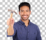 Construction, showing and portrait of an Asian man with a hammer isolated on a studio background. Building, happy and builder with a tool for repairs, maintenance and handyman work on a backdrop