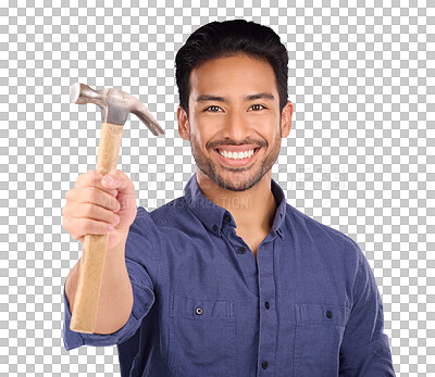 Buy stock photo Handyman, tools and portrait of an Asian man with a hammer isolated on a transparent background. Person, face and builder with equipment for repairs, maintenance and employee work with png or worker