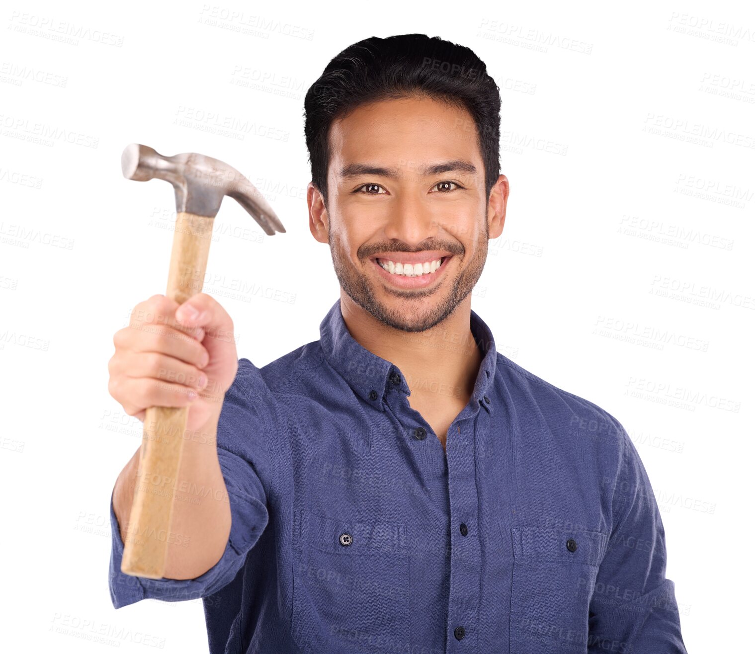 Buy stock photo Handyman, tools and portrait of an Asian man with a hammer isolated on a transparent background. Person, face and builder with equipment for repairs, maintenance and employee work with png or worker