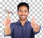 Man, studio and portrait with thumbs up and hammer for handyman, maintenance or repair work with smile. Happy asian model person on purple background for engineer, mechanic or technician job tools