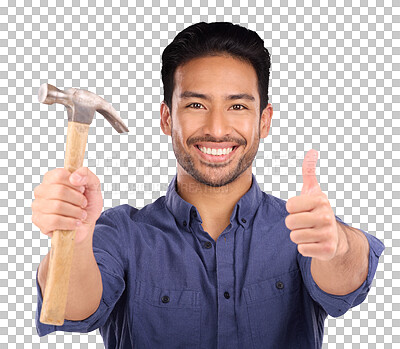 Buy stock photo Thumbs up, hammer and portrait of happy asian man on isolated, transparent or png background. Face, smile and Japanese handyman with hand emoji for repair, maintenance or DIY renovation motivation