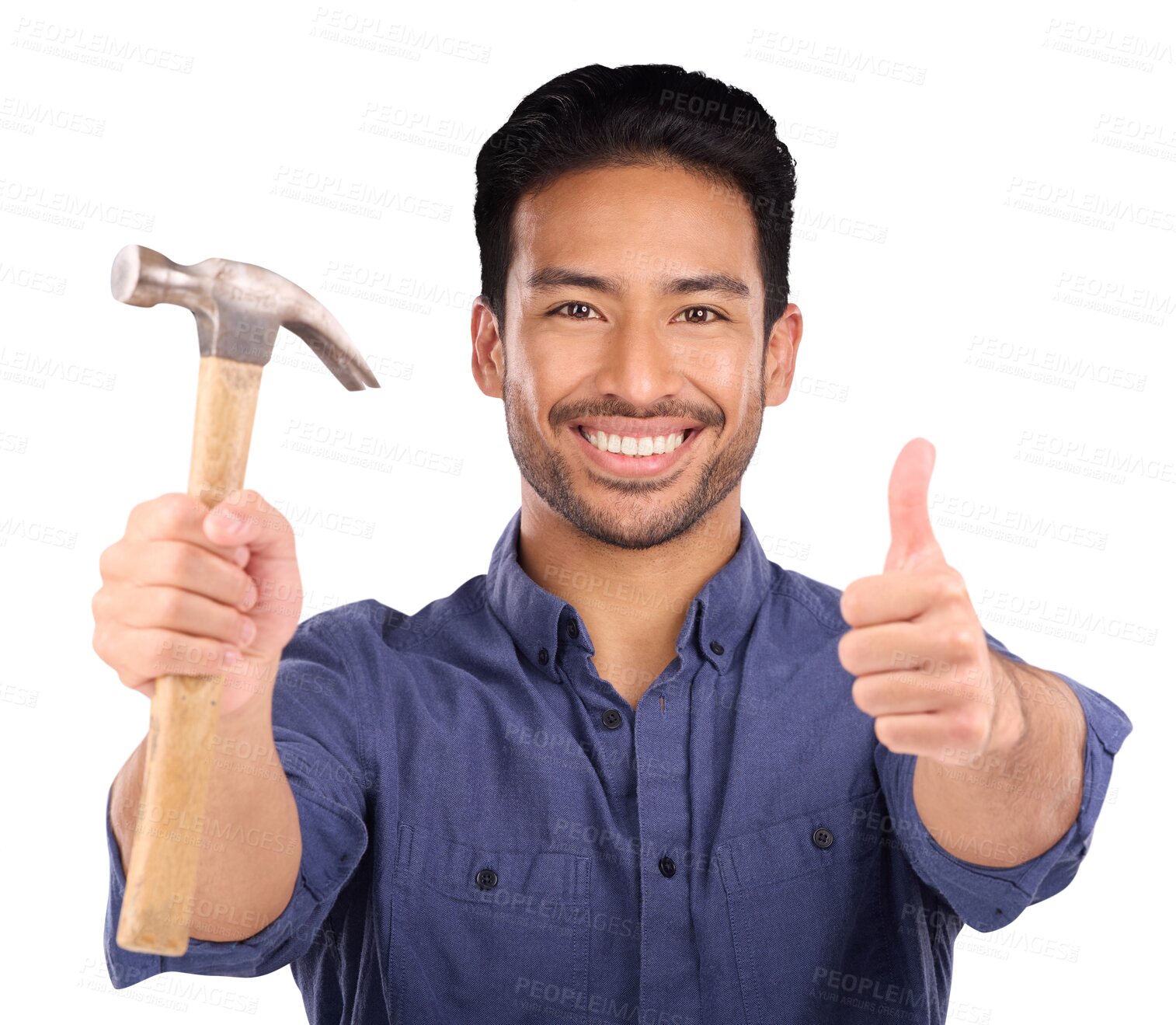 Buy stock photo Thumbs up, hammer and portrait of happy asian man on isolated, transparent or png background. Face, smile and Japanese handyman with hand emoji for repair, maintenance or DIY renovation motivation