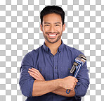 Man, studio and portrait with tools or wrench for handyman, maintenance or repair work with smile. Happy asian model person on purple background with spanner for engineer, mechanic or technician job