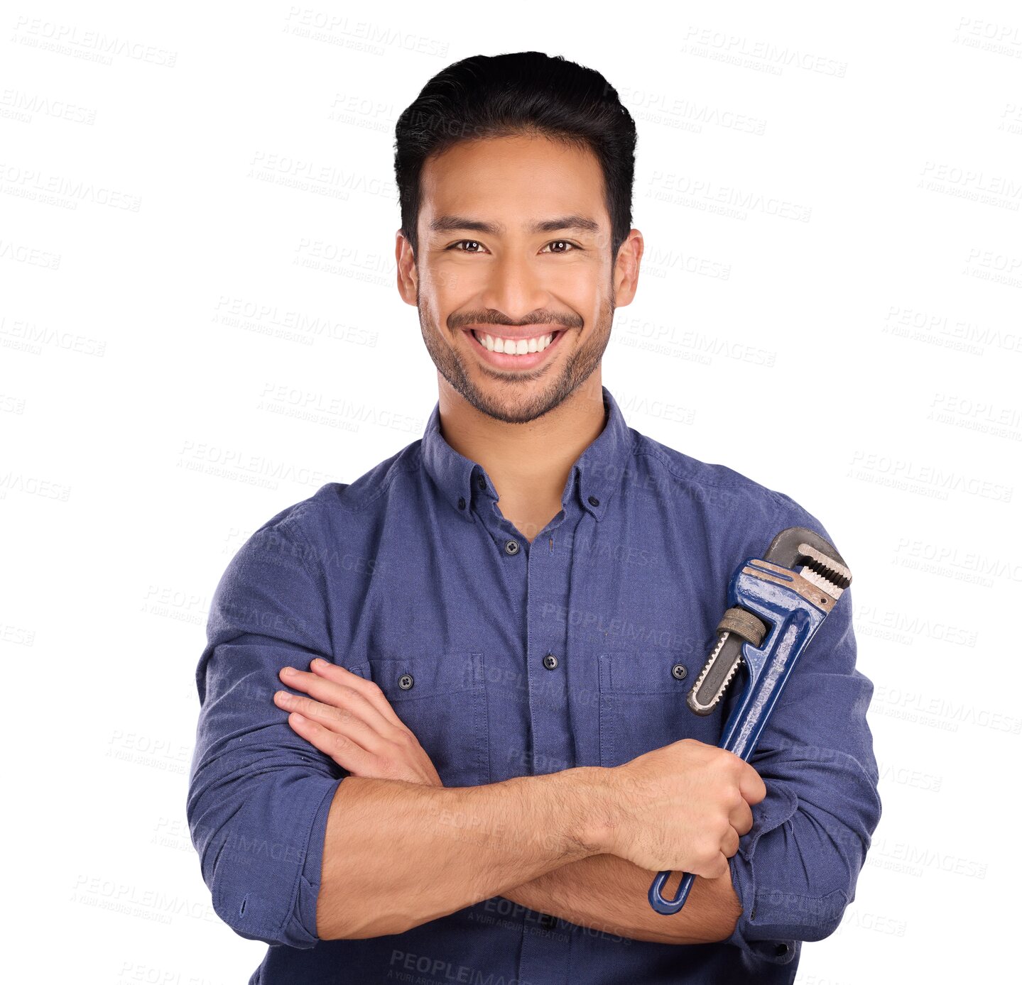 Buy stock photo Portrait, wrench and handyman with arms crossed, tools and plumber isolated on transparent background. Face, person and model with equipment, repair and maintenance with png, spanner and engineer