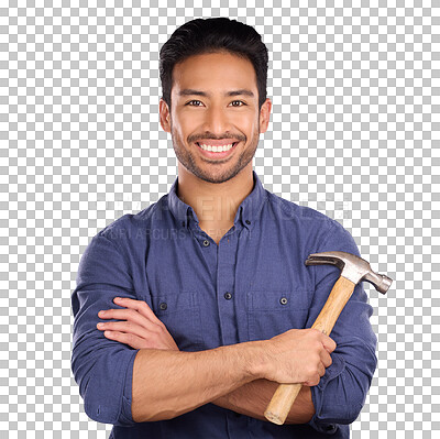 Buy stock photo Portrait, hammer and happy asian man with arms crossed on isolated, transparent and png background. Maintenance, repairs and face of male handyman smile with DIY pride, advice or fix, tips or guide